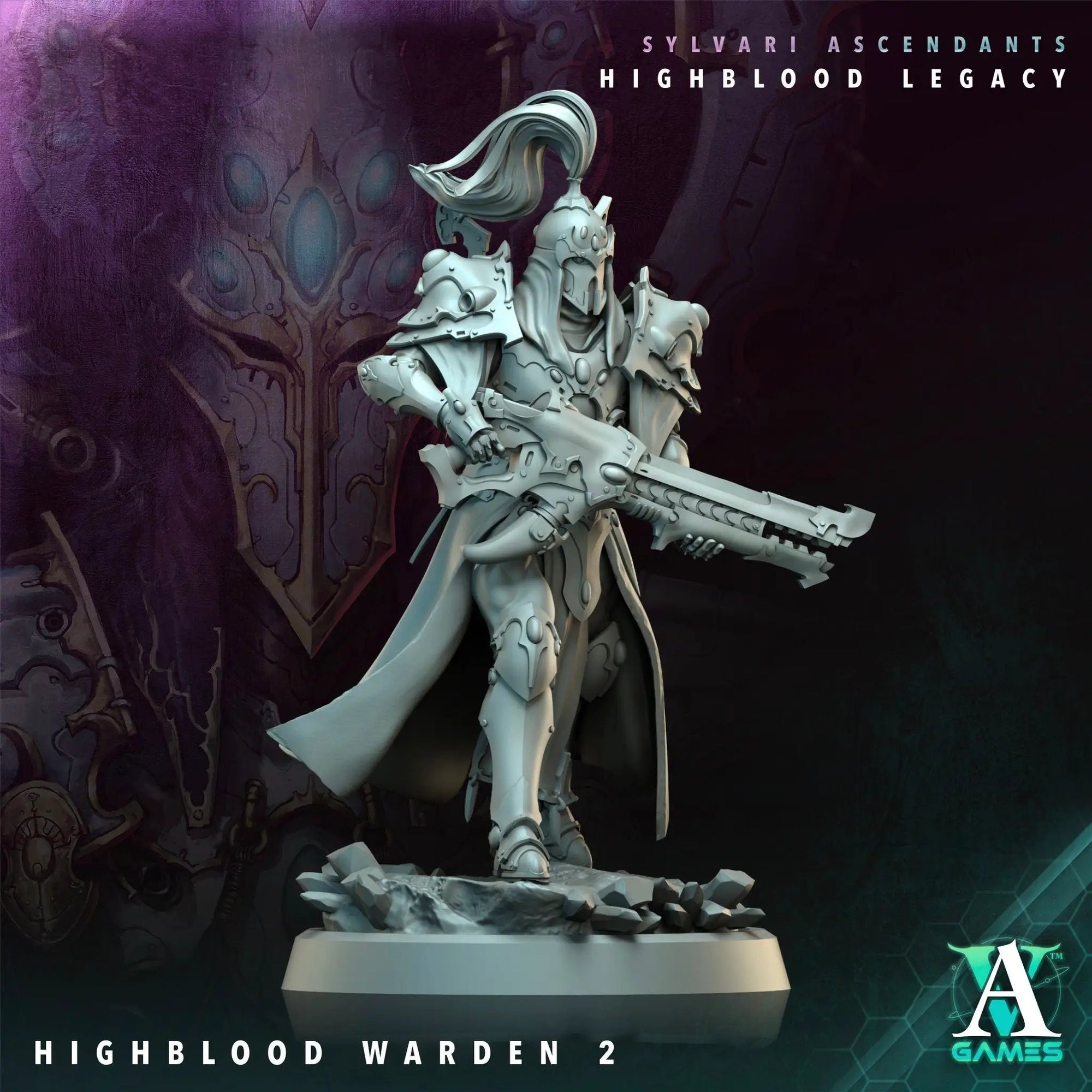 3D printed Highblood Warden model by Last Hope Miniatures for Archvillain Games, featuring detailed armor and weaponry.