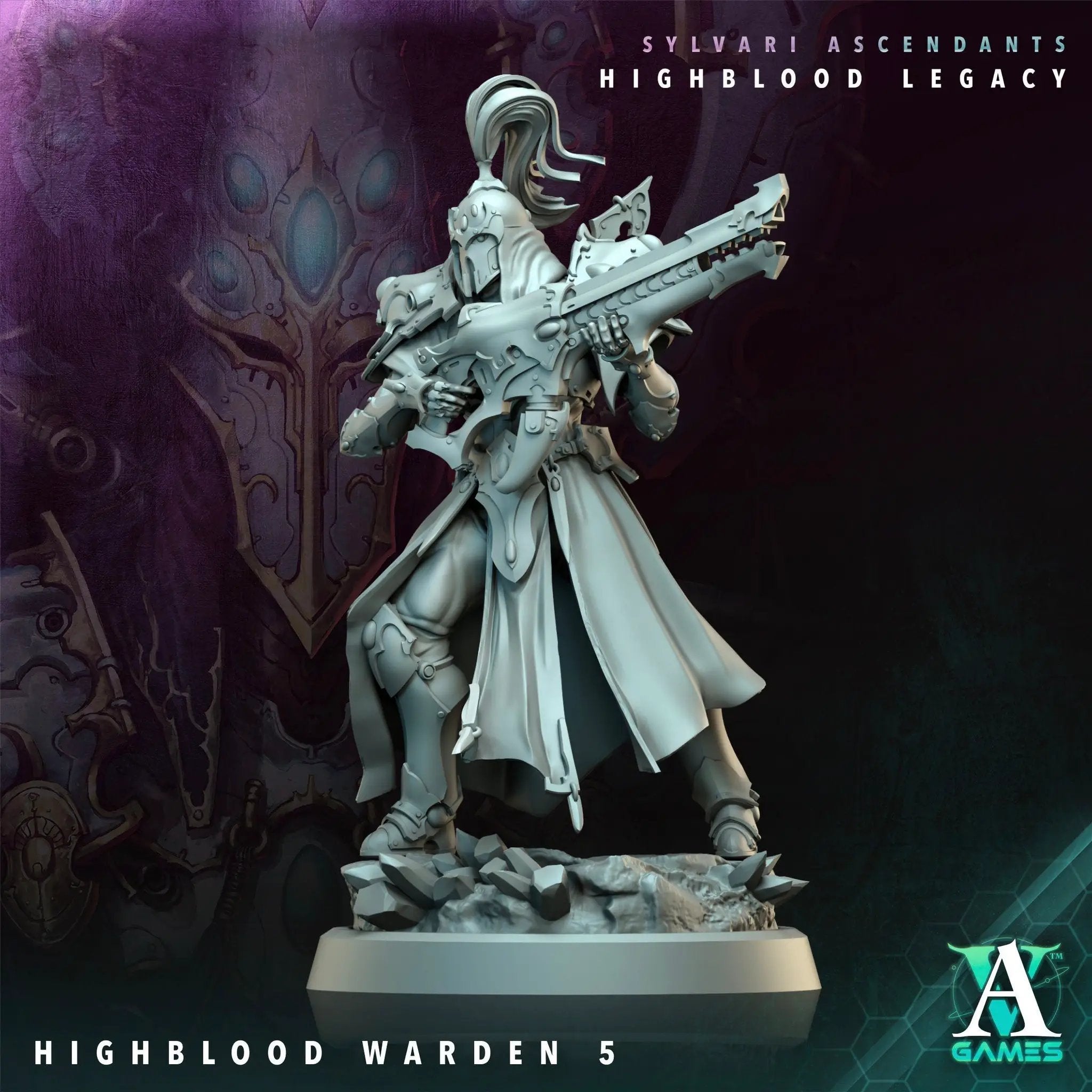 3D printed Highblood Warden model by Last Hope Miniatures for Archvillain Games, detailed figure with intricate armor and weaponry.