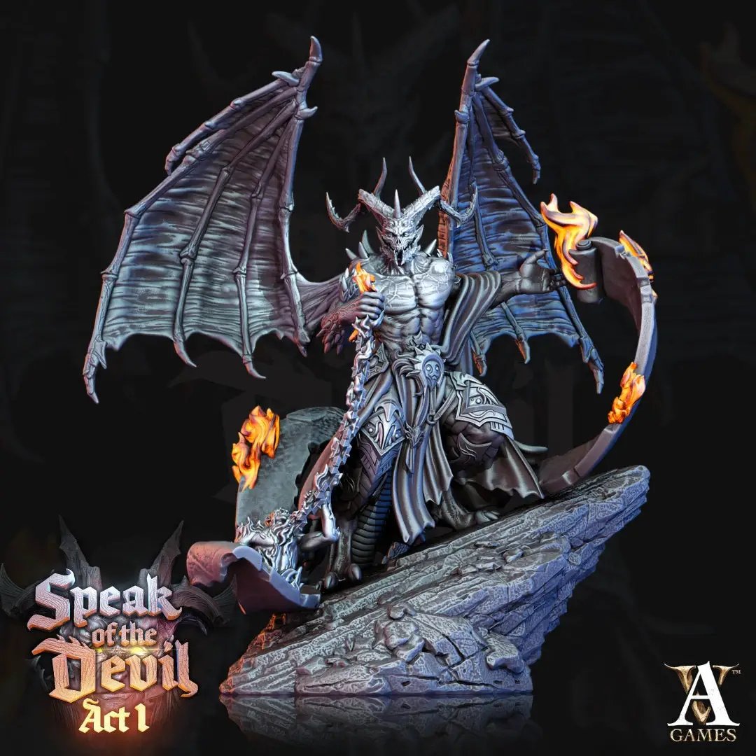3D printed horned devil model by Last Hope Miniatures, detailed miniature figure with menacing horns and intricate sculpting.
