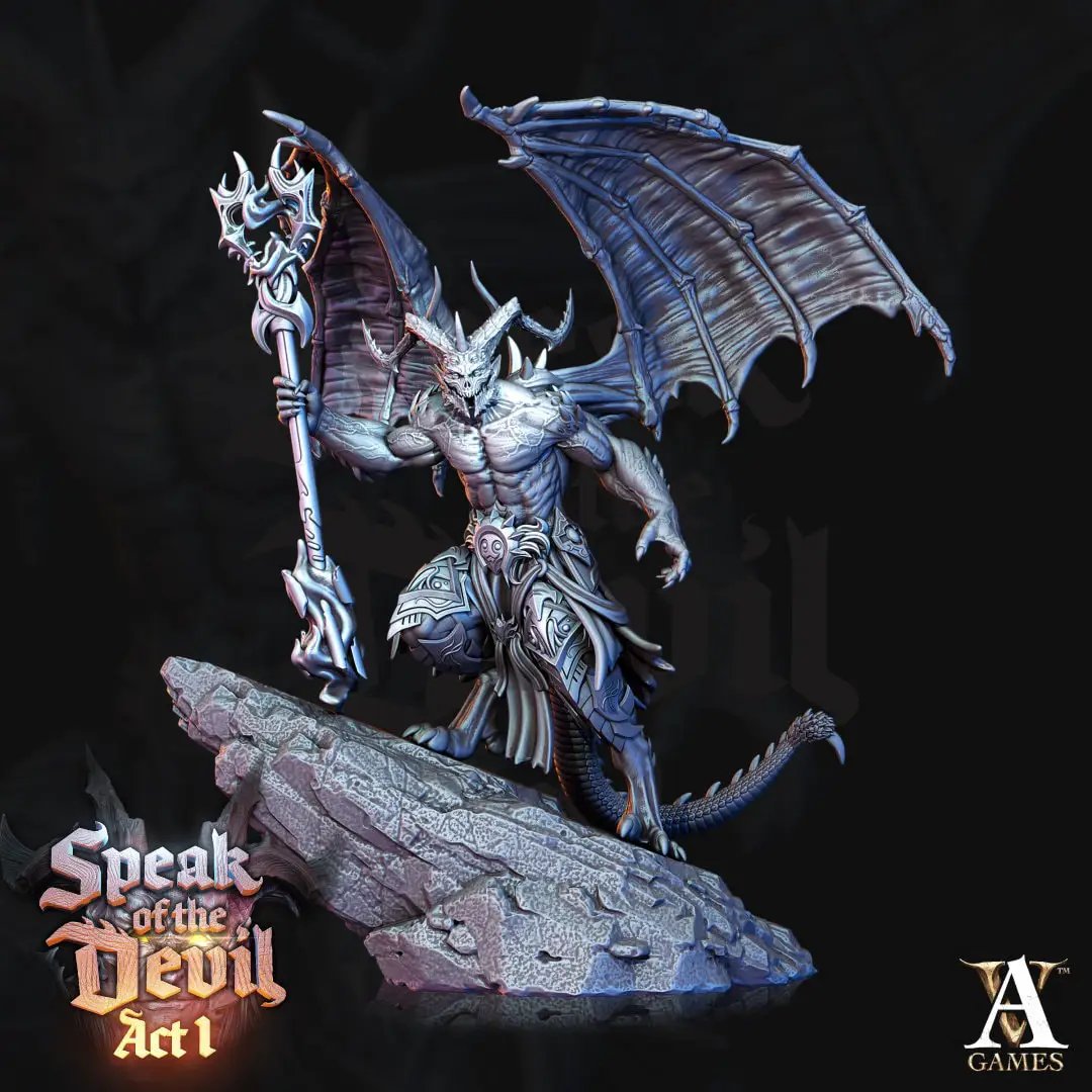 3D printed horned devil model by Last Hope Miniatures for Archvillain Games, detailed demon figure with horns and intricate design.