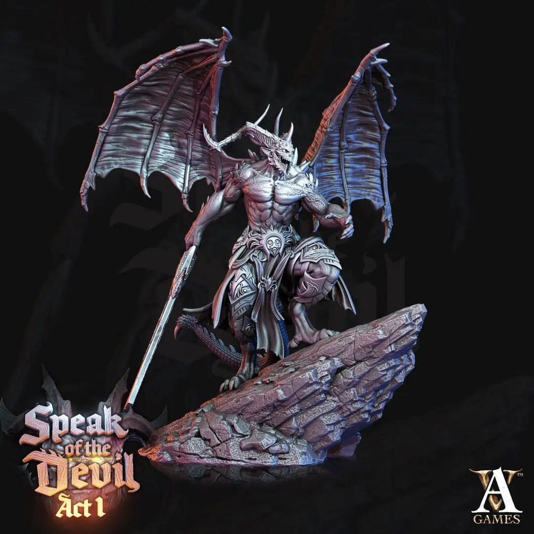 3D printed Horned Devil model by Last Hope Miniatures for Archvillain Games, detailed demon figure on a dark base.