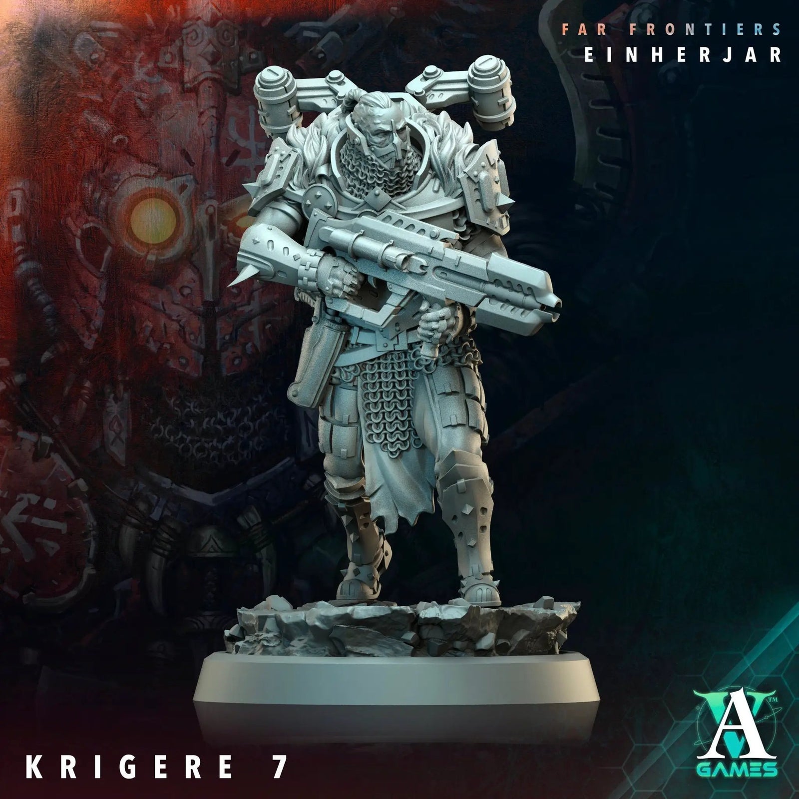3D printed Krigere model by Archvillain Games for Last Hope Miniatures, detailed miniature figure on a stand.