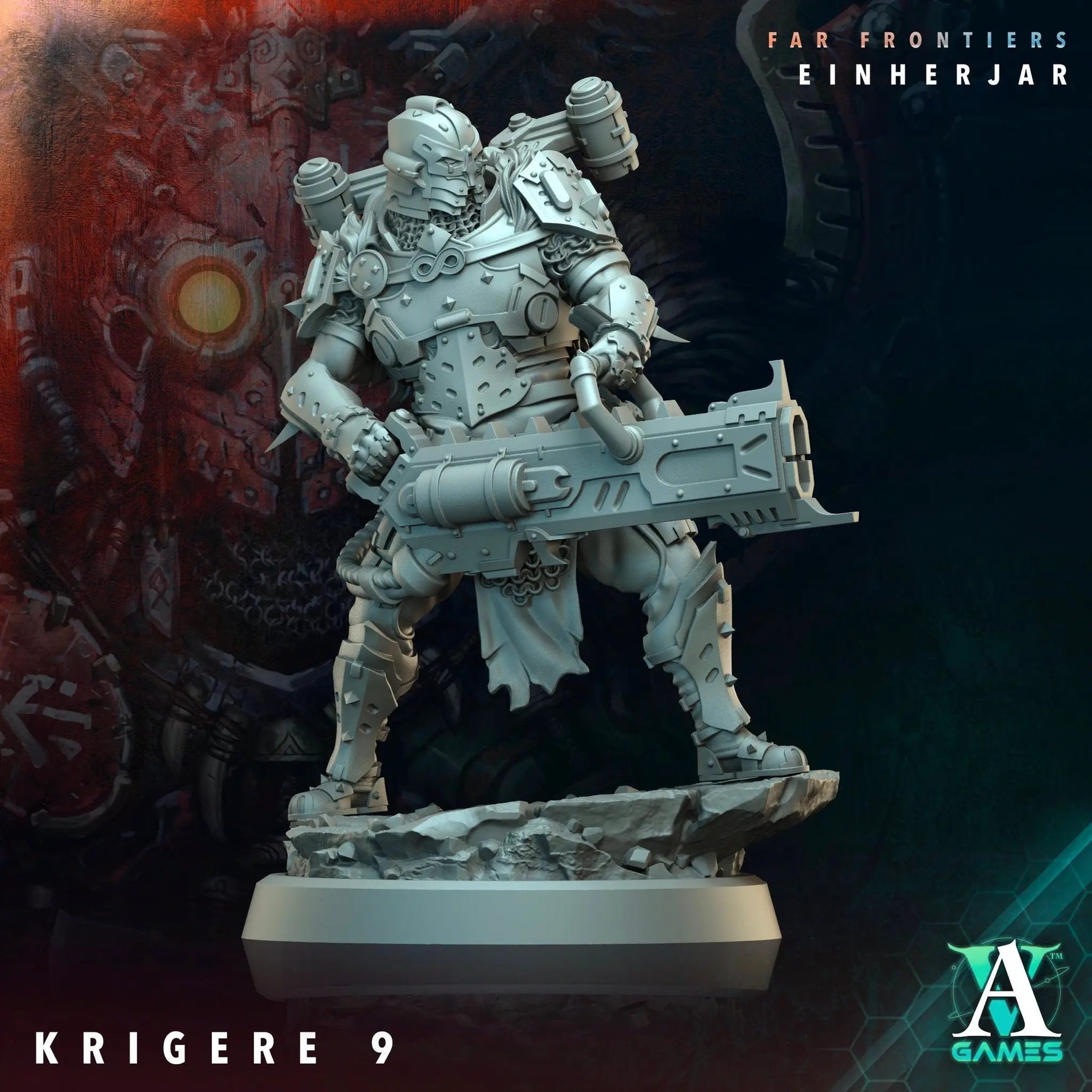 3D printed Krigere model by Archvillain Games, detailed miniature figure from Last Hope Miniatures, shown in a dynamic pose.