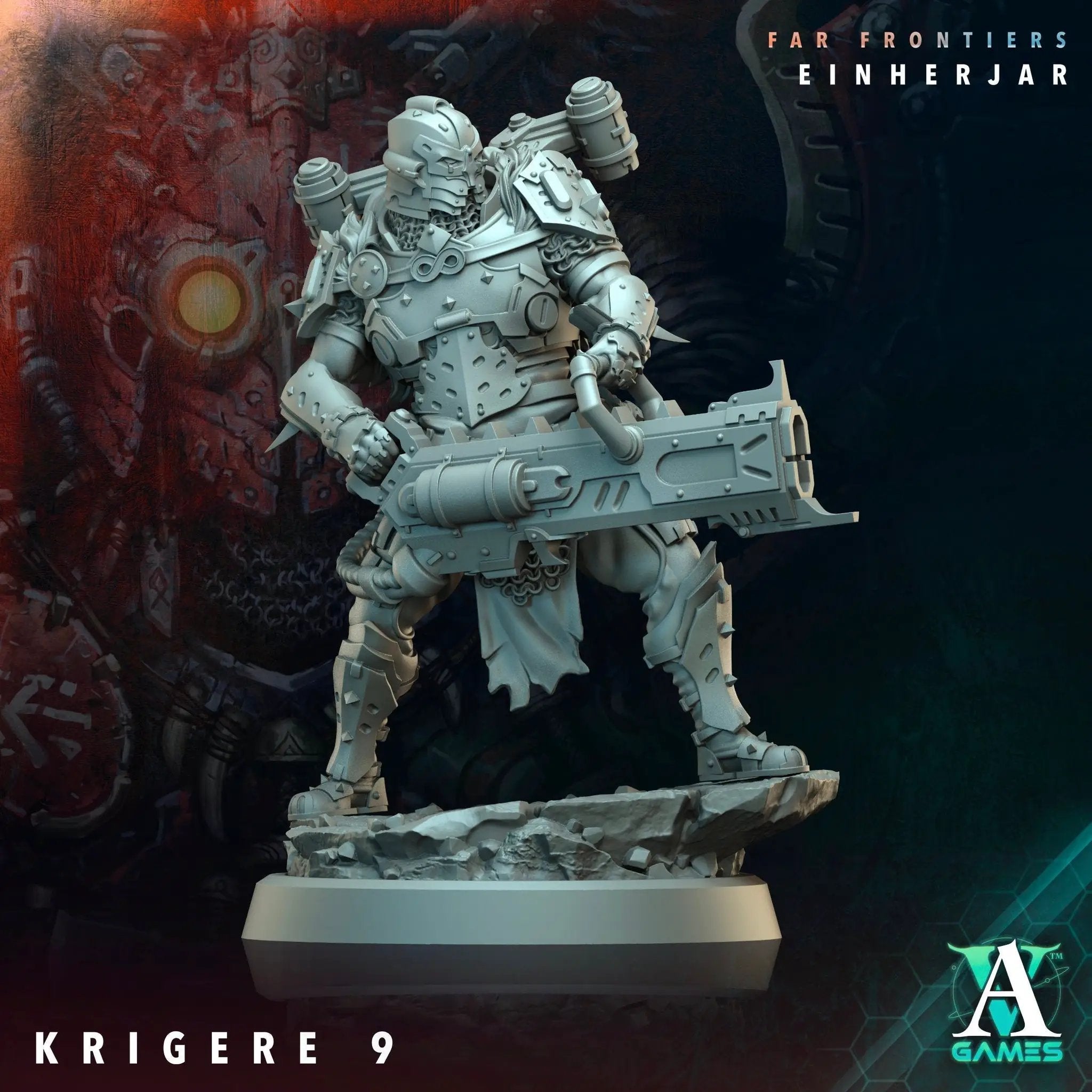 3D printed Krigere model by Archvillain Games, detailed miniature figure from Last Hope Miniatures, shown in a dynamic pose.