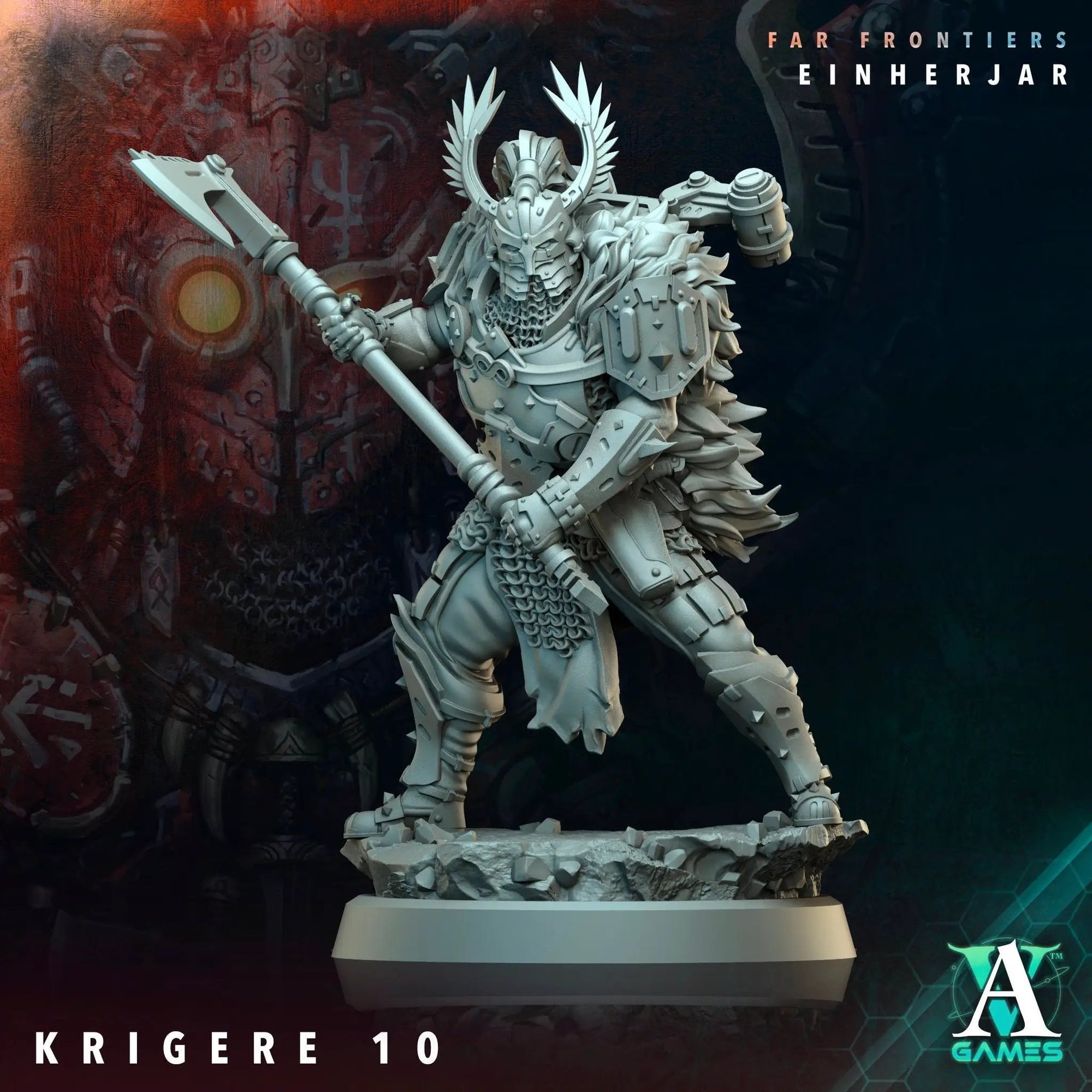 3D printed Krigere model by Archvillain Games from Last Hope Miniatures, detailed miniature figure on a display base.