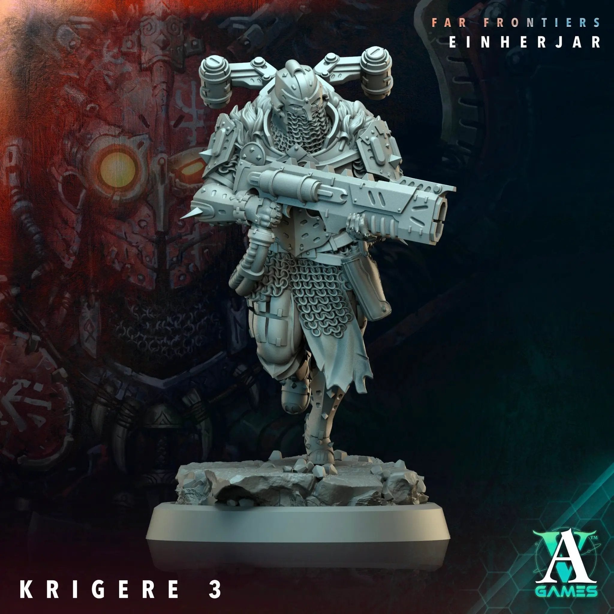 3D printed Krigere model by Archvillain Games from Last Hope Miniatures, detailed miniature figure on a plain background.