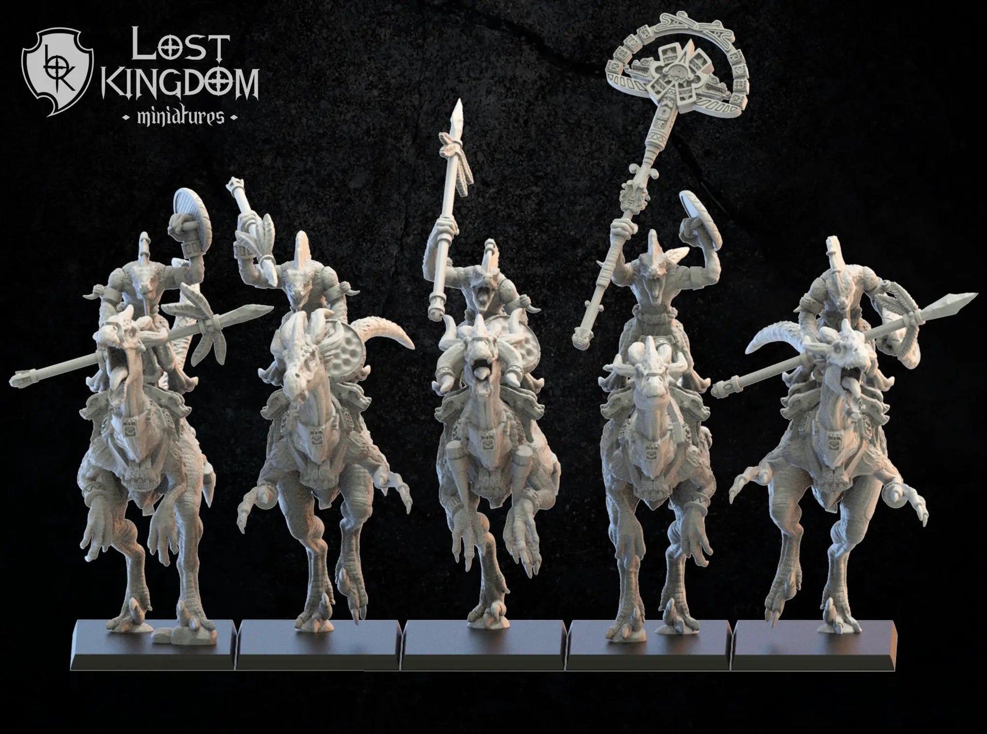Five 3D printed Kuakuaitl Cuetzpalli Riders models by Lost Kingdom Miniatures, detailed fantasy tabletop gaming miniatures.