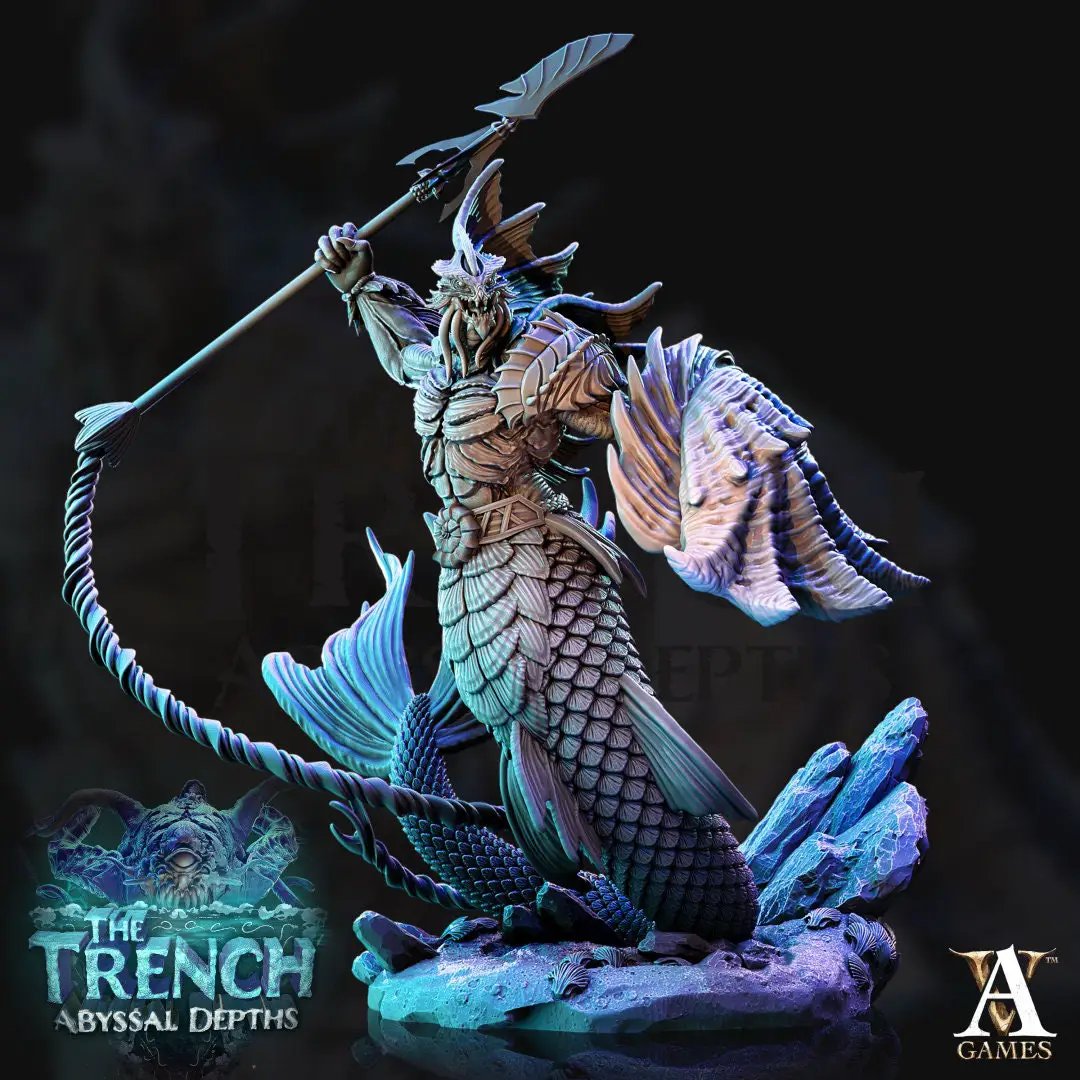 3D printed Merrow model by Last Hope Miniatures for Archvillain Games, featuring detailed aquatic creature design.