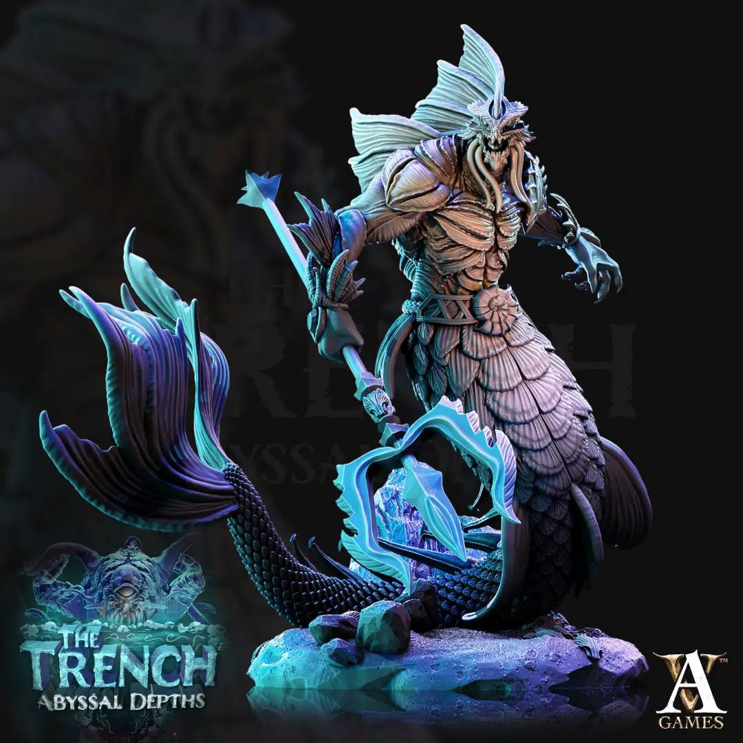 3D printed Merrow model by Last Hope Miniatures for Archvillain Games, featuring detailed aquatic creature with scales and fins.