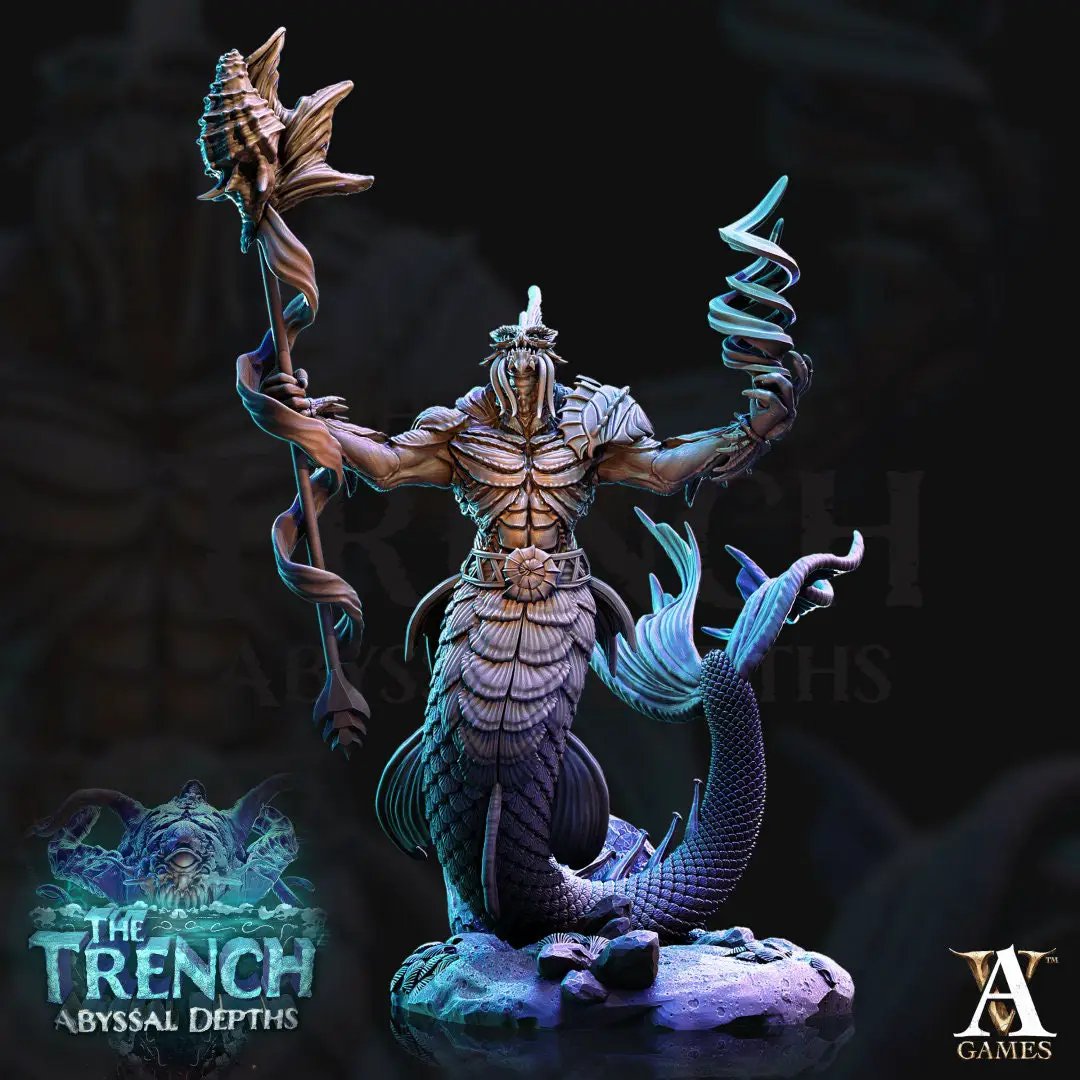 3D printed Merrow model by Last Hope Miniatures for Archvillain Games, detailed creature with aquatic features and intricate design.