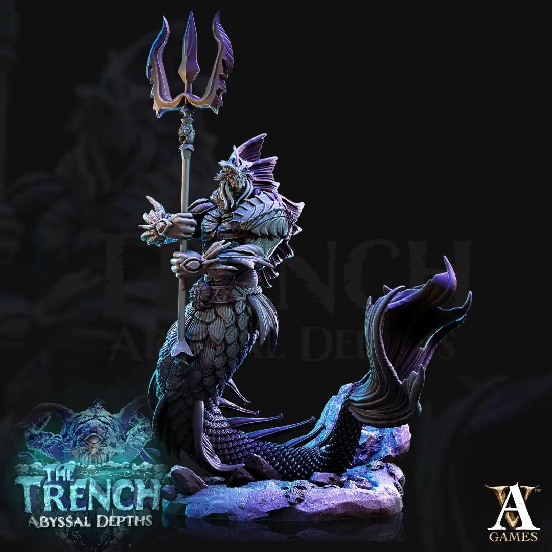 3D printed Merrow model by Last Hope Miniatures for Archvillain Games, showing detailed aquatic creature with textured scales.