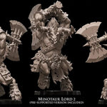 3D printed Minotaur Lord model by Avatars of War, detailed sculpture standing on a base, created by Last Hope Miniatures.