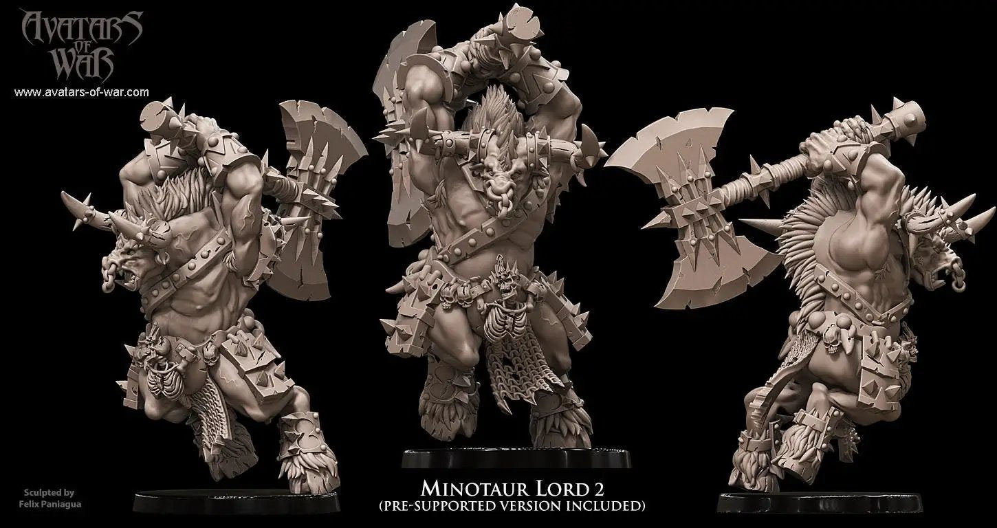 3D printed Minotaur Lord model by Avatars of War, detailed sculpture standing on a base, created by Last Hope Miniatures.