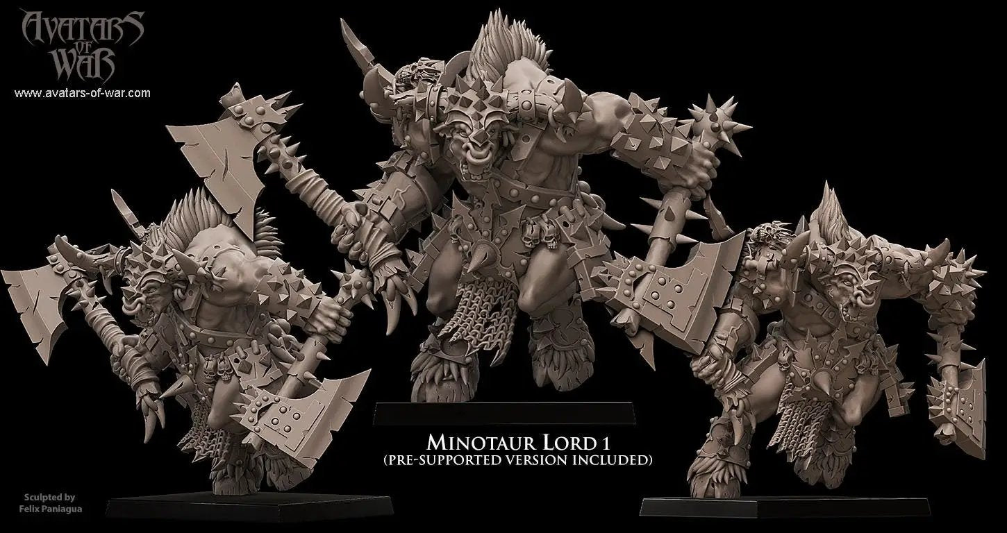3D printed Minotaur Lord model by Last Hope Miniatures for Avatars of War, showcasing detailed sculpt with horns and muscular build.
