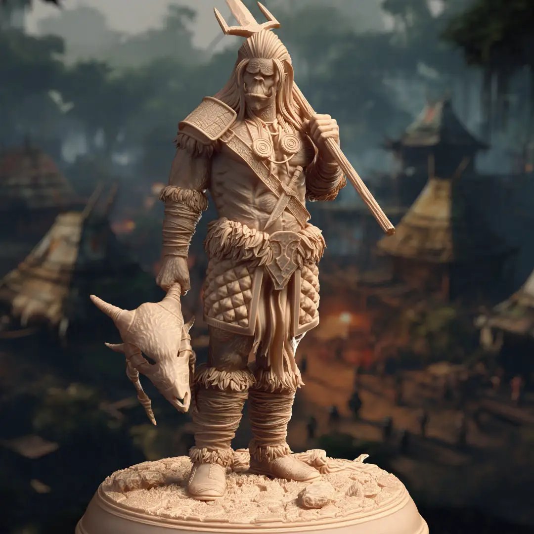 3D printed Orc Tribal Warrior model by Last Hope Miniatures, showcasing detailed orc figure with tribal armor and weapons.