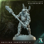 3D printed rotting conscript model by Last Hope Miniatures for Archvillain Games, detailed undead figure with decayed armor and flesh.