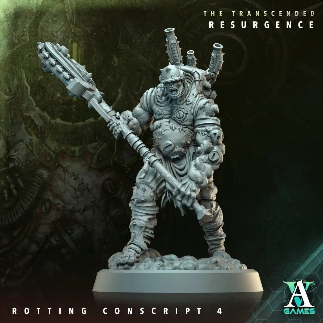3D printed rotting conscript model by Last Hope Miniatures for Archvillain Games, detailed undead figure with decayed armor and flesh.