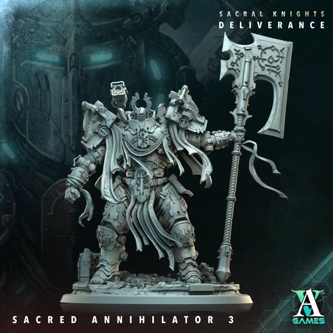 3D printed Sacral Knights Annihilator model by Last Hope Miniatures, featuring intricate armor and weapon details from Archvillain Games.