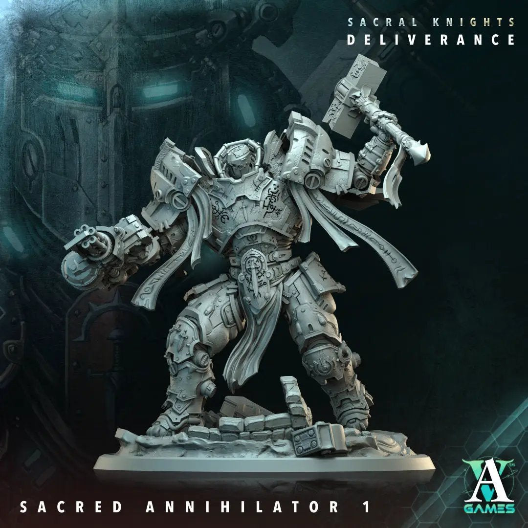 3D printed Sacral Knights Annihilator model by Last Hope Miniatures from Archvillain Games, featuring detailed sci-fi armor and weaponry.