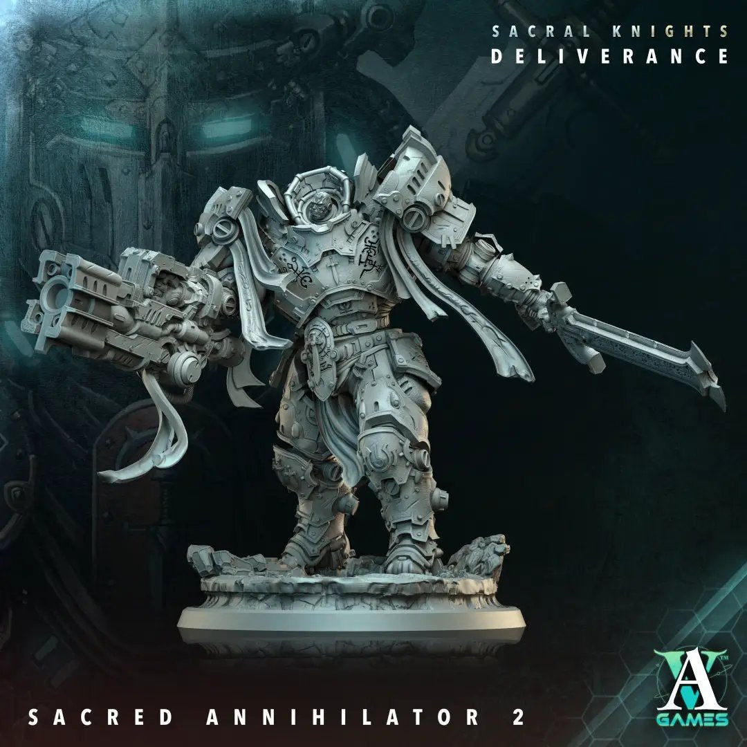 3D printed Sacral Knights Annihilator model by Last Hope Miniatures for Archvillain Games, featuring detailed sci-fi design.