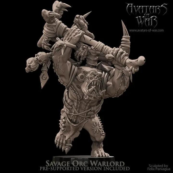 3D printed Savage Orc Warlord model by Last Hope Miniatures, featuring detailed orc armor and weaponry, on a display stand.