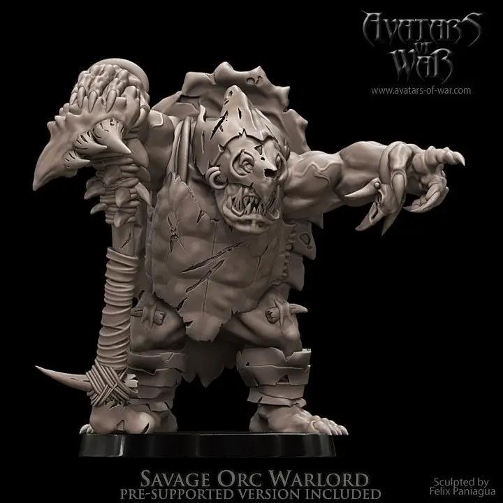 3D printed Savage Orc Warlord model by Avatars of War, detailed orc figure on a base, produced by Last Hope Miniatures.