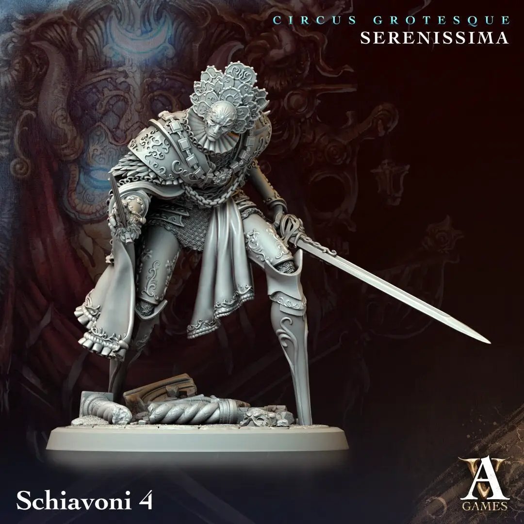 3D printed Schiavoni model by Last Hope Miniatures for Archvillain Games, featuring detailed miniature figure on a base.