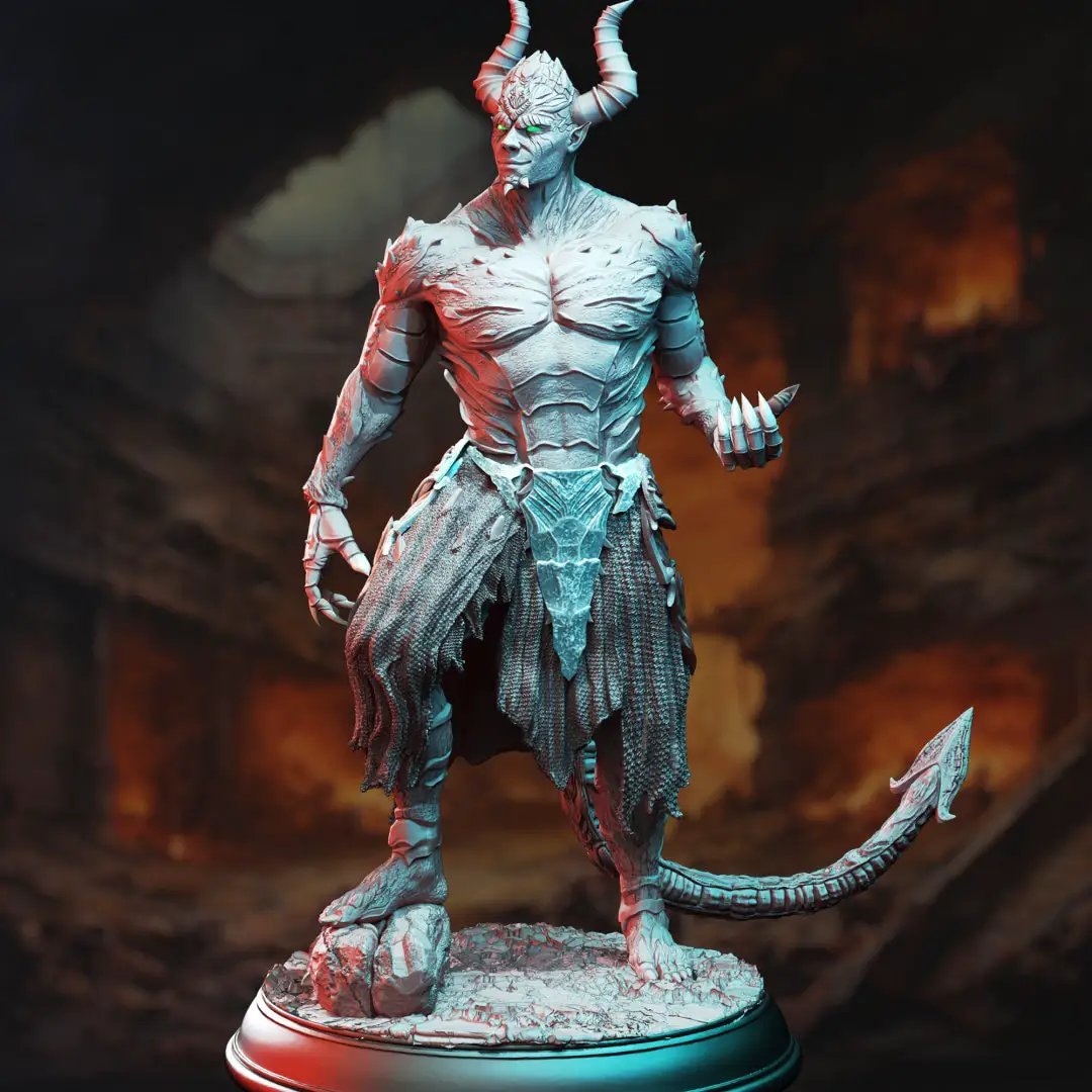 3D printed Tiefling Devil Servant model by Last Hope Miniatures, detailed fantasy figure with horns and tail, ready for tabletop gaming