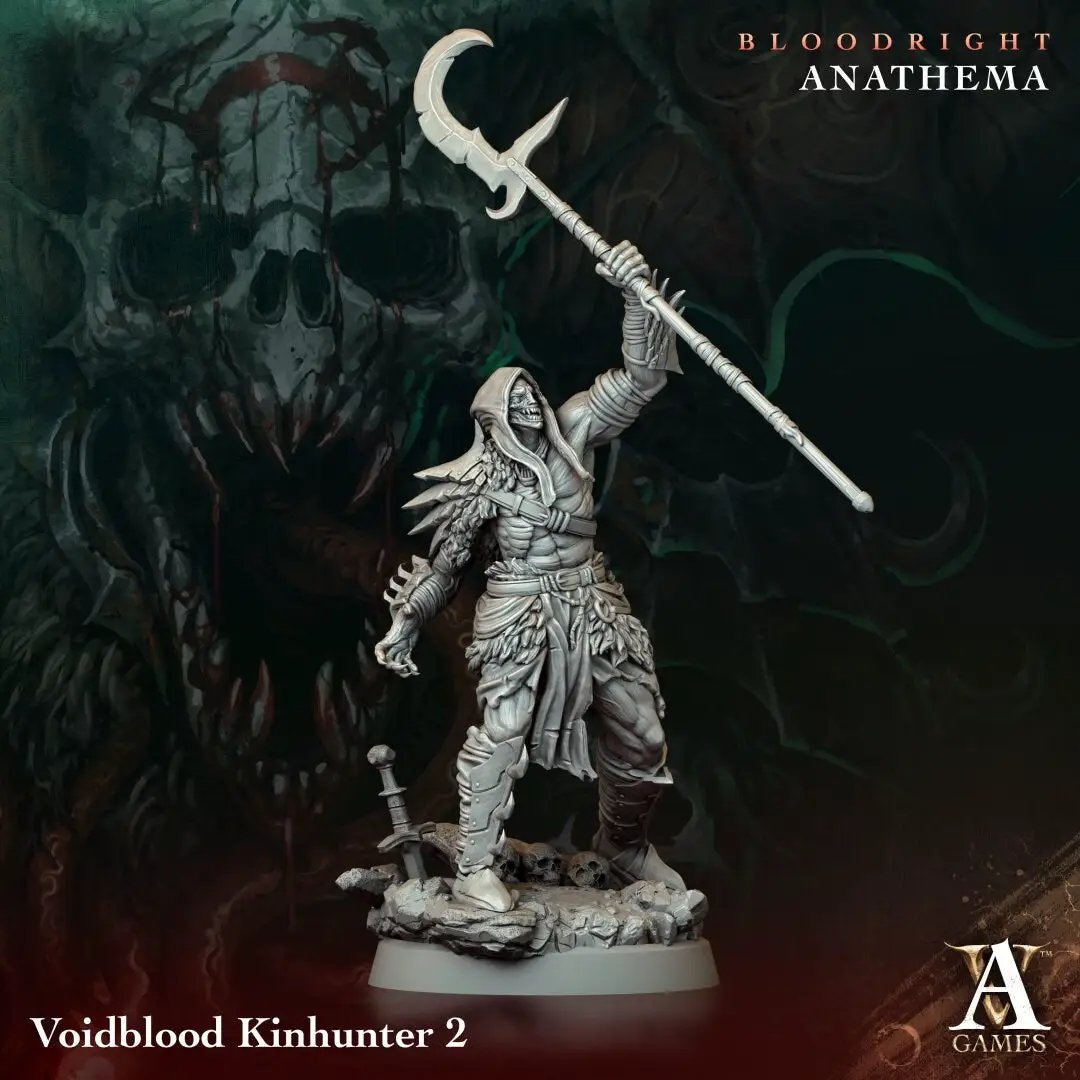 3D printed Voidblood Kinhunter model by Last Hope Miniatures for Archvillain Games, detailed sci-fi miniature figure on a display stand.