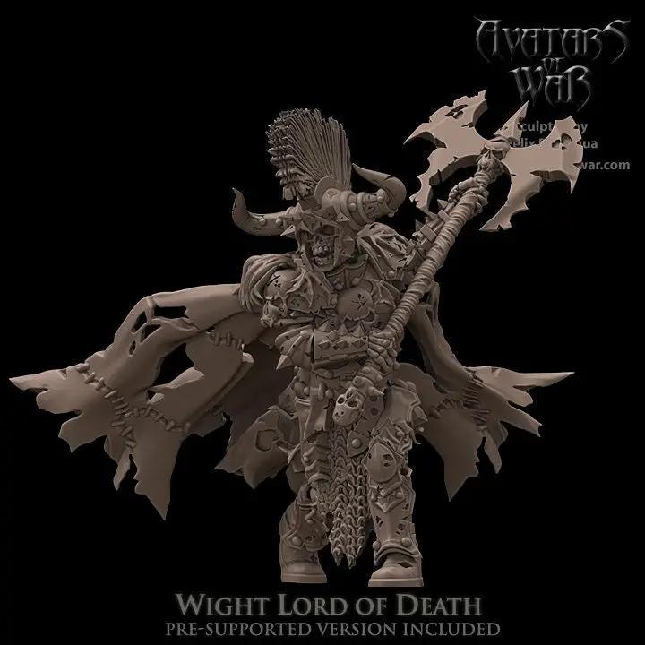 3D printed Wight Lord model by Avatars of War, displayed on a stand with detailed skeletal armor and dark undead design.