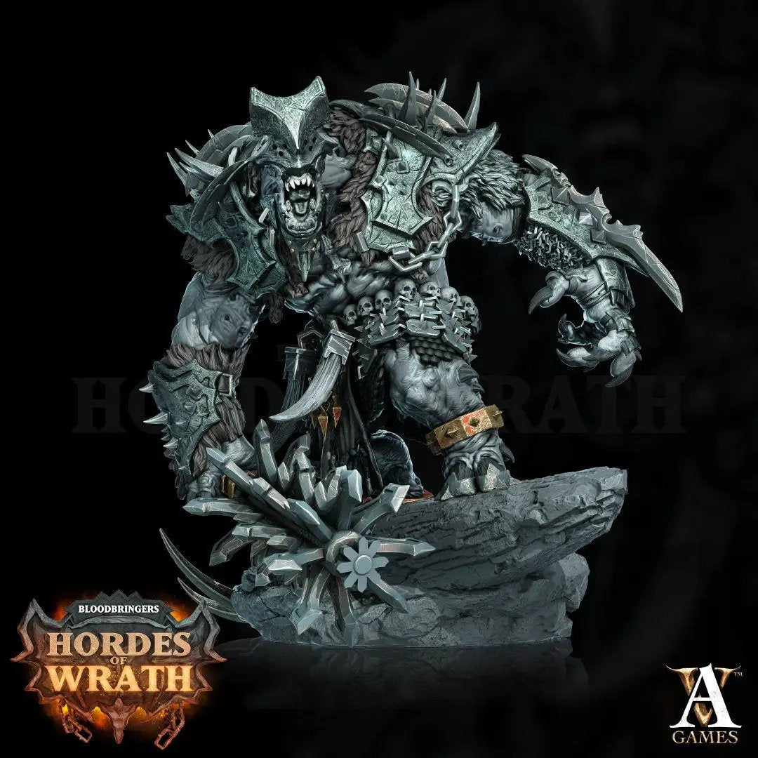 3D printed Wrathogar model by Last Hope Miniatures for Archvillain Games, detailed fantasy creature with armor and weapon.