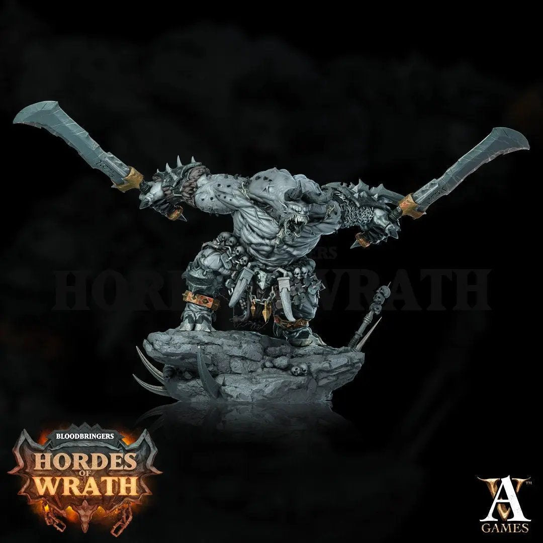 3D printed Wrathogar model by Last Hope Miniatures for Archvillain Games, detailed fantasy creature with armor and weapons.