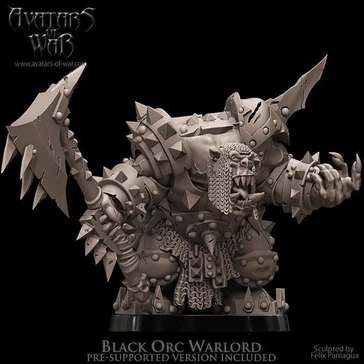3D printed Black Orc Warlord model by Avatars of War, detailed miniature figure for tabletop gaming and display.