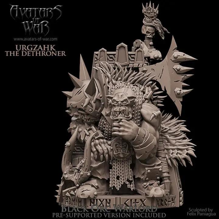 3D printed Black Orc Warlord model from Avatars of War, detailed miniature by Last Hope Miniatures on a plain background.