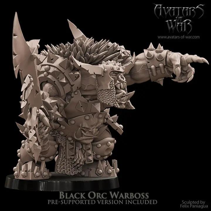 3D printed Black Orc Warlord model by Avatars of War, detailed miniature for tabletop gaming, produced by Last Hope Miniatures.