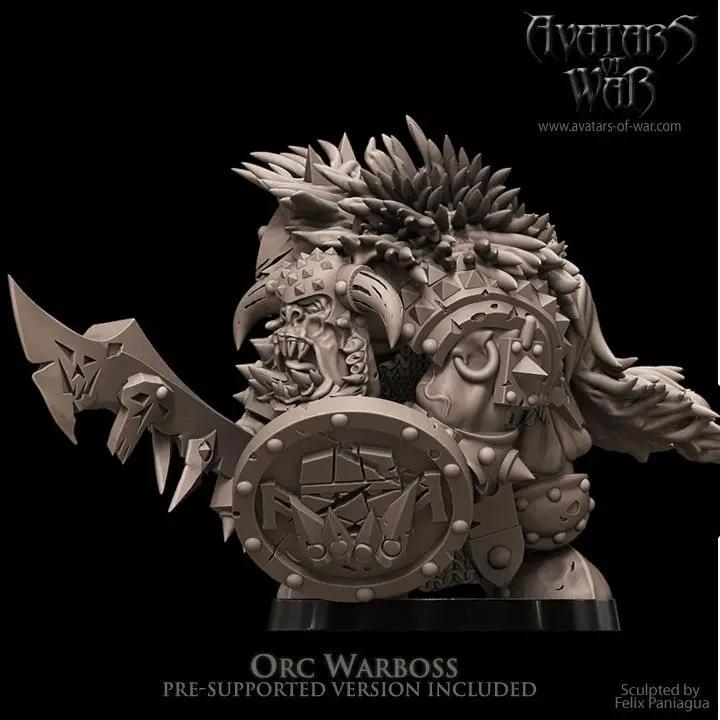3D printed Black Orc Warlord model by Avatars of War on a stand, detailed miniature for tabletop gaming by Last Hope Miniatures