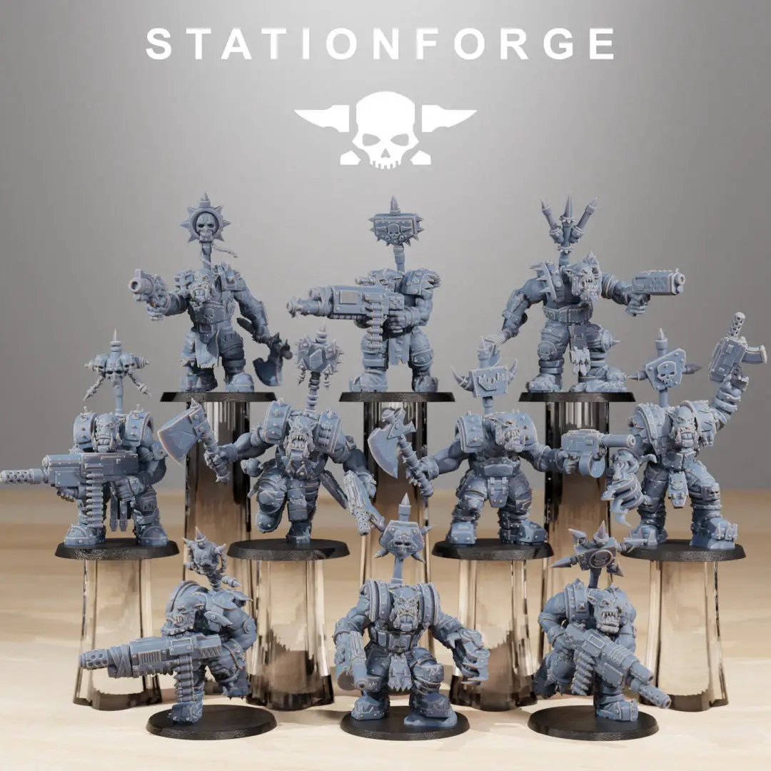 Ten 3D printed Orkaz Skull Infantry models by Last Hope Miniatures for StationForge Miniatures, detailed fantasy tabletop game miniatures.