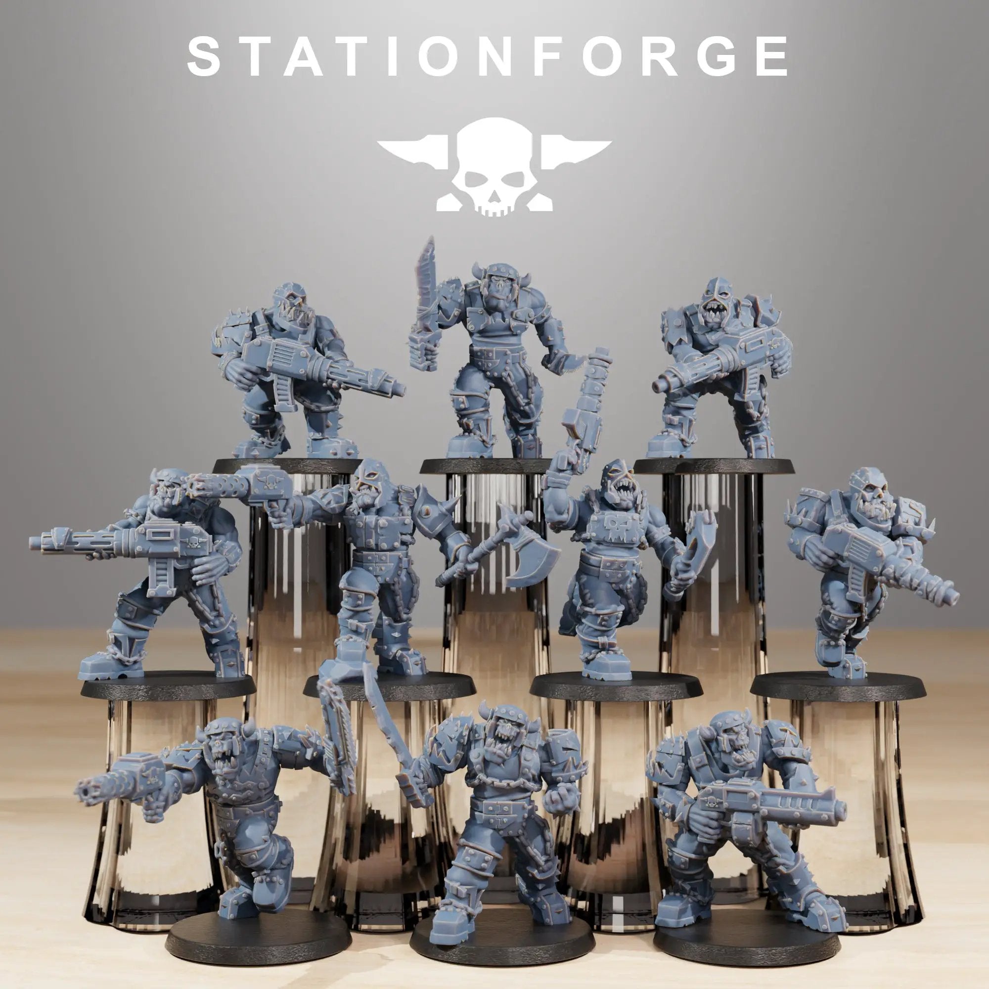 Ten 3D printed Orkaz Skull Infantry models by Last Hope Miniatures, featuring skull berserkers in detailed combat poses.