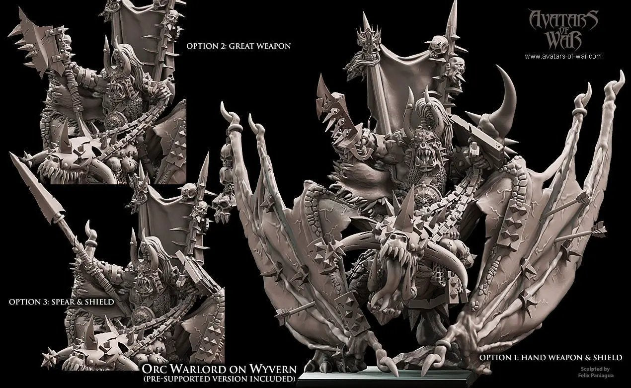 3D printed Orc Warlord on Wyvern model by Last Hope Miniatures, detailed orc figure riding a fierce wyvern, ready for tabletop gaming.