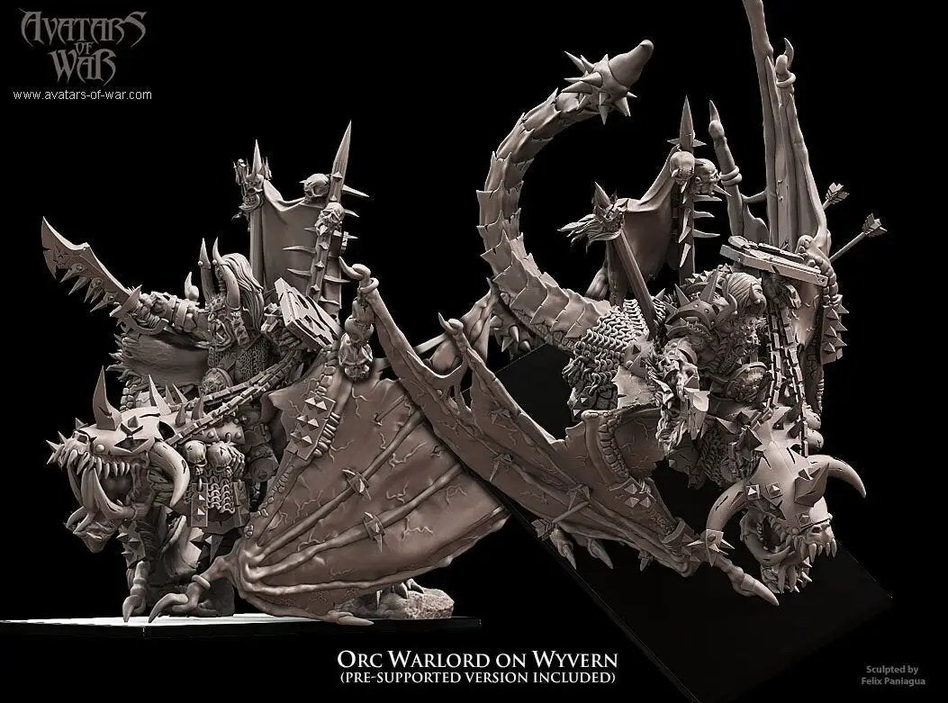3D printed Orc Warlord on Wyvern model by Last Hope Miniatures for Avatars of War, detailed fantasy tabletop figurine.