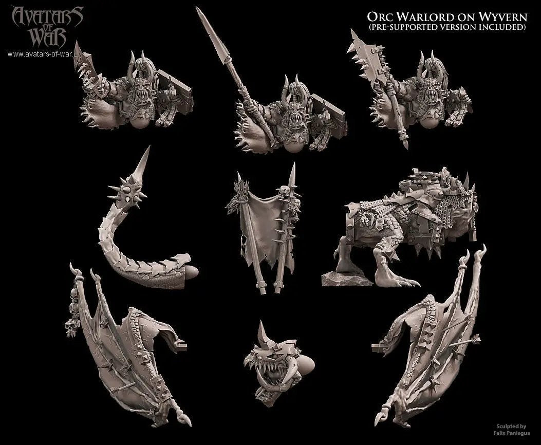 3D printed Orc Warlord on Wyvern model by Last Hope Miniatures, featuring detailed orc figure riding a fierce wyvern.