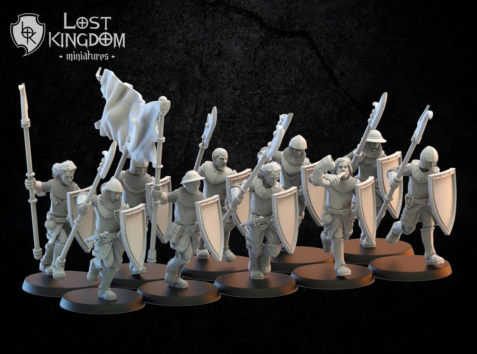 Ten 3D printed Mercia footsoldier models by Lost Kingdom Miniatures, detailed war figures for tabletop gaming.