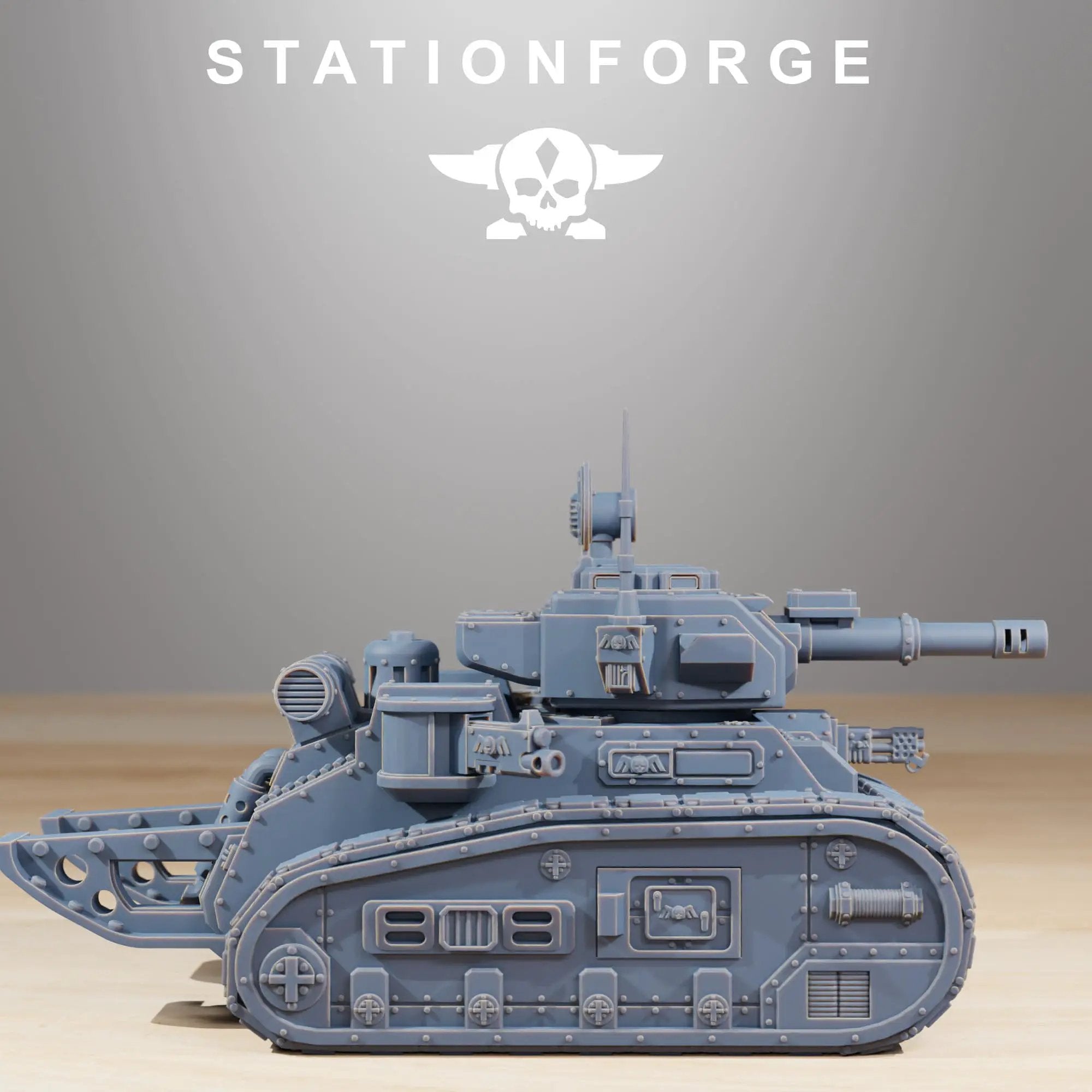 3D printed GrimGuard Light Tank model by Last Hope Miniatures, featuring detailed armor and weaponry for tabletop gaming.