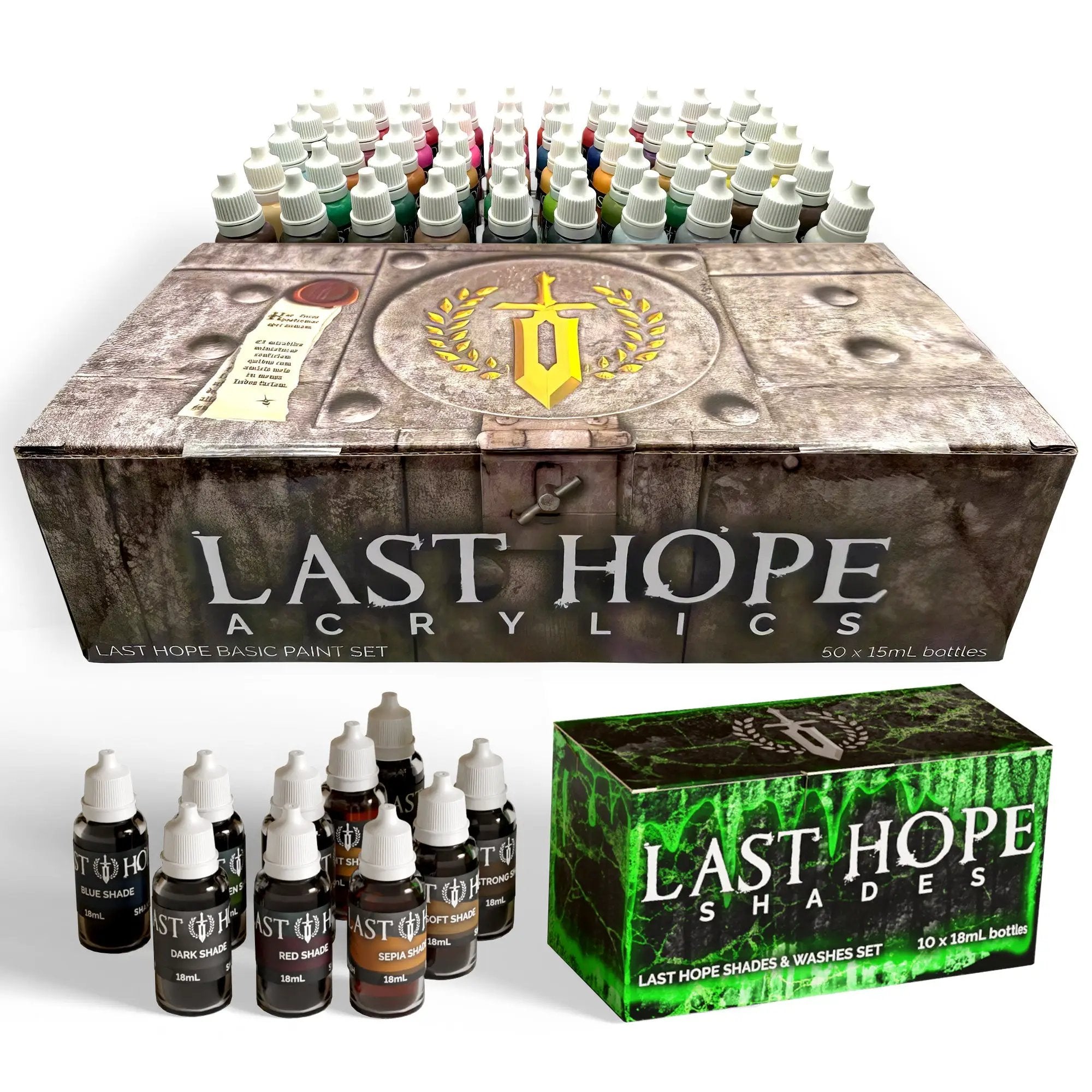 Acrylic paint set for wargame miniatures by Last Hope Miniatures, including vibrant paints and washes for detailed miniature painting.