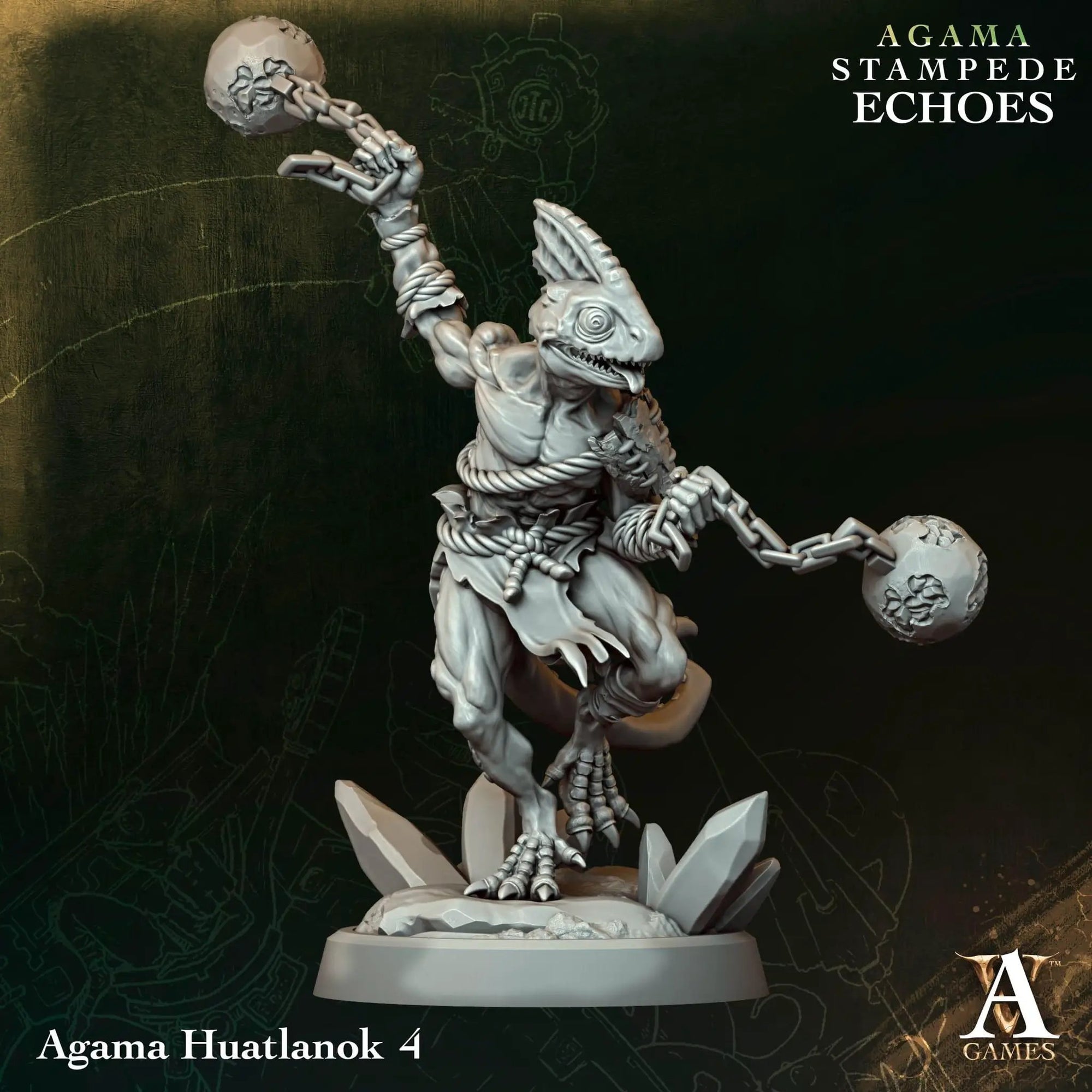 3D printed Agama Huatlanok miniature by Last Hope Miniatures for Archvillain Games, featuring detailed reptilian design and vibrant colors.
