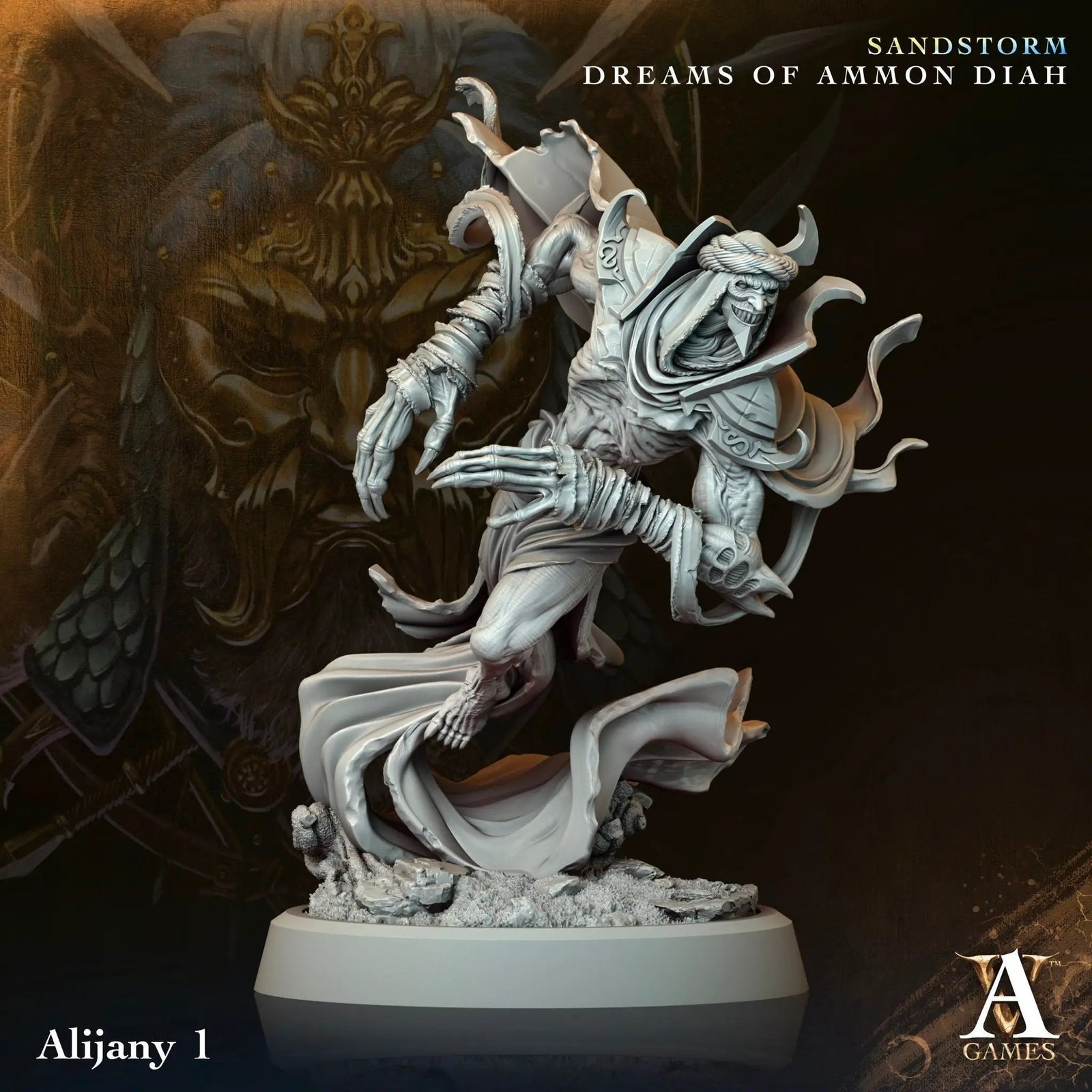 3D printed Alijany miniature by Last Hope Miniatures for Archvillain Games, showing detailed character design and intricate sculpting.