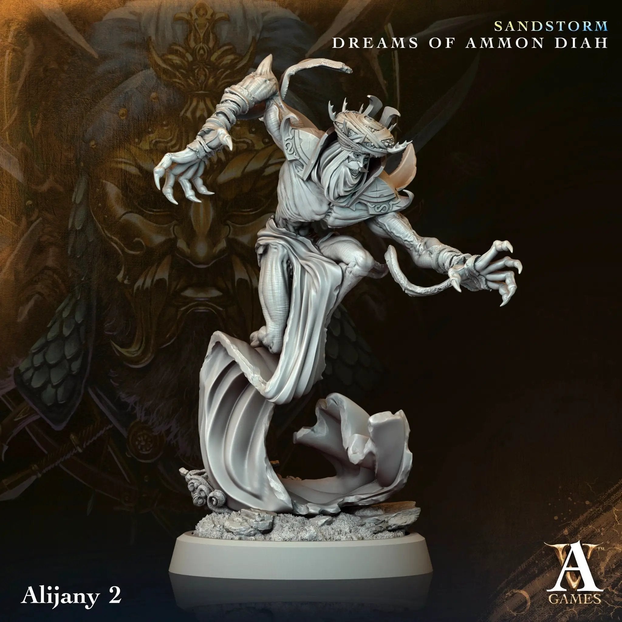 3D printed Alijany miniature by Last Hope Miniatures from Archvillain Games, featuring detailed armor and dynamic pose.