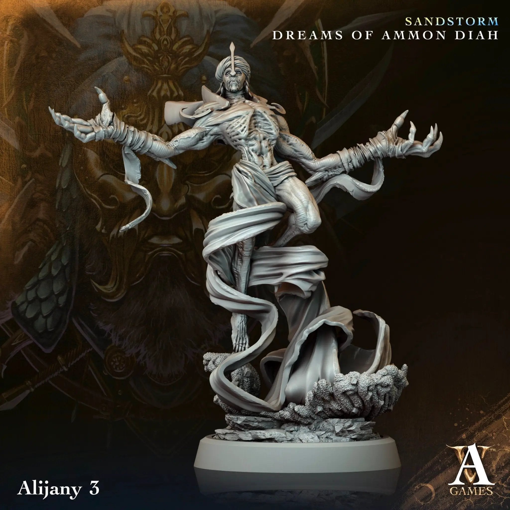 3D printed Alijany miniature by Last Hope Miniatures for Archvillain Games, detailed figure with vibrant colors and intricate design.