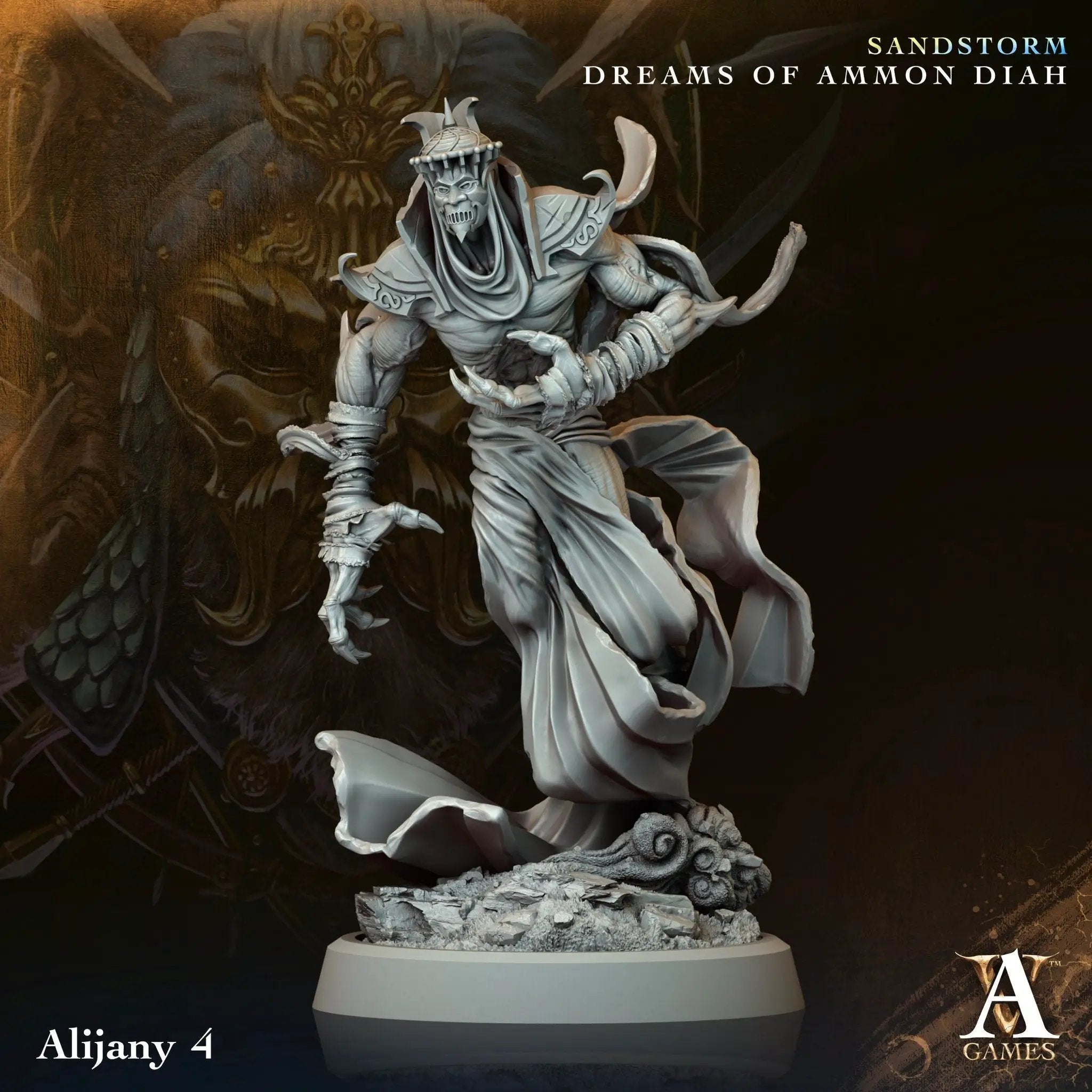 3D printed Alijany miniature by Last Hope Miniatures for Archvillain Games, detailed figure with intricate armor and weaponry.