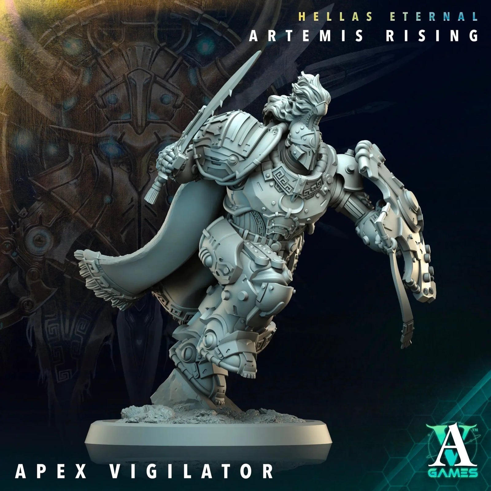 3D printed Apex Vigilator miniature by Last Hope Miniatures for Archvillain Games, detailed sci-fi character with armor and futuristic design.